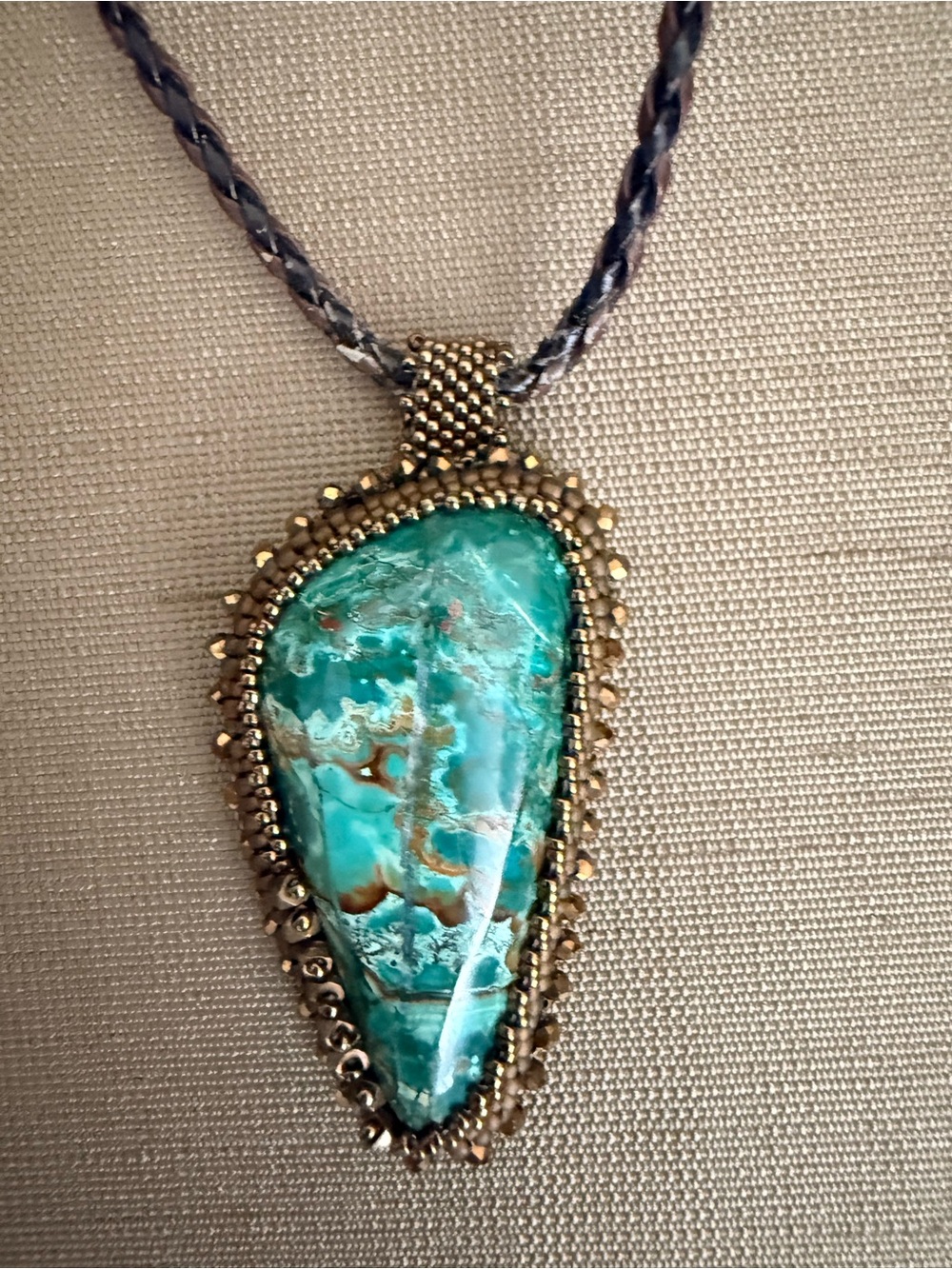 Original Jackie G Handcrafted Green Stone Pendant with Leather Necklace